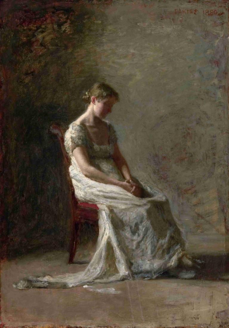 Retrospection,Thomas Eakins,Oil Painting,Oil Painting, solo, dress, fine art parody, sitting, 1girl, chair