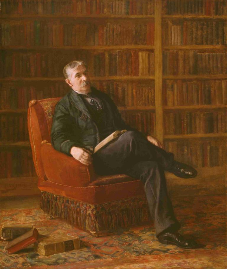 Riter Fitzgerald,Thomas Eakins,Oil Painting,Oil Painting, male focus, 1boy, book, solo, sitting, bookshelf