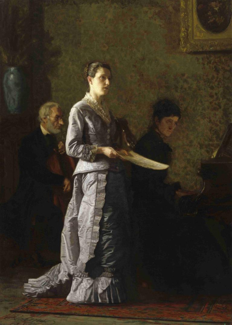 Singing a Pathetic Song,唱着可悲的歌,Thomas Eakins,托马斯-伊金斯,油画,油画, 美术模仿, 黑发, 绘画（物体）, 多个男孩, 头饰已移除, 保持, 常设, 裙子, 帽子被摘掉