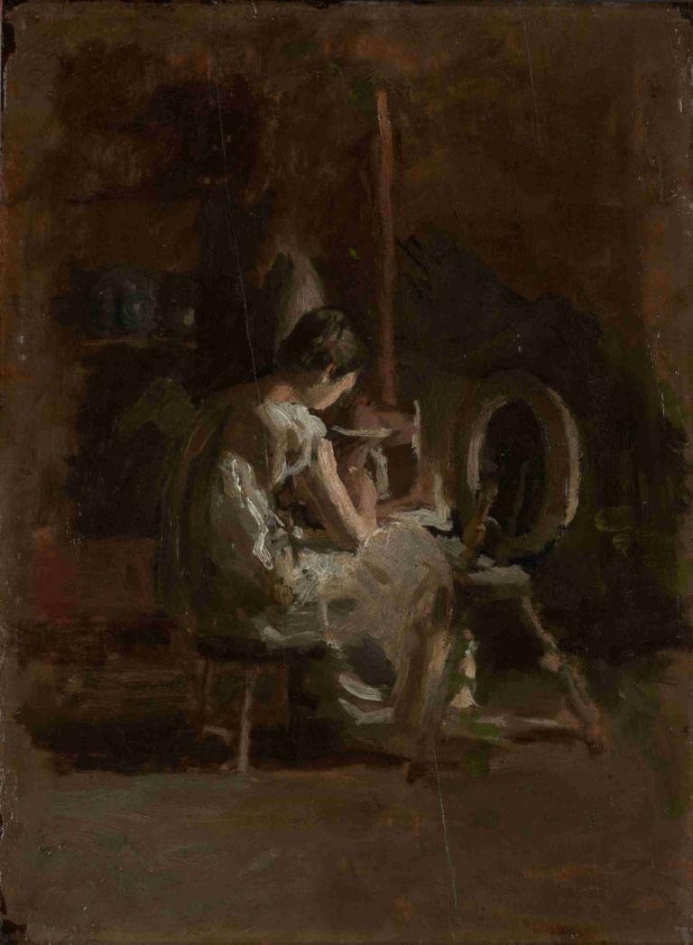 Sketches for Home-Spun,家纺草图,Thomas Eakins,托马斯-伊金斯,油画,油画, 坐着, 椅子, 黑暗的, 独奏, 1个女孩, 黑发, 杯子, 短发, 1男孩, 绘画般的, 裙子, 赤脚