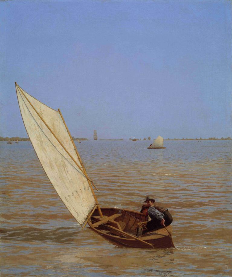 Starting Out After Rail,铁轨之后的起步,Thomas Eakins,托马斯-伊金斯,油画,油画, 船只, 船, 户外, 男性焦点, 1男孩, 独奏, 天, 天空, 水, 海洋, 衬衫, 黑发