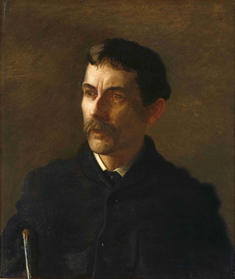 Talcott Williams,塔尔科特-威廉姆斯,Thomas Eakins,托马斯-伊金斯,油画,油画, 1男孩, 独奏, 男性焦点, 胡子, 黑发, 实际的, 棕色背景, 胡子, 胡须, 上半身