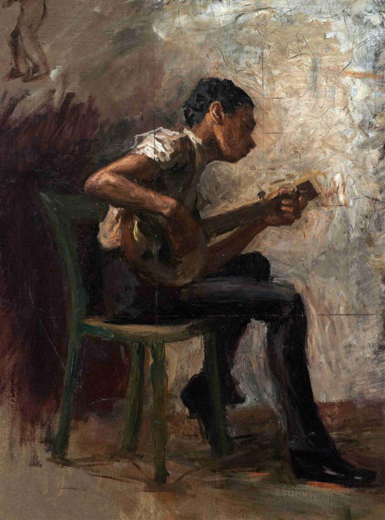 The Banjo Player,Pemain Banjo,Thomas Eakins,Lukisan cat minyak,Lukisan cat minyak, 1 anak laki-laki, solo