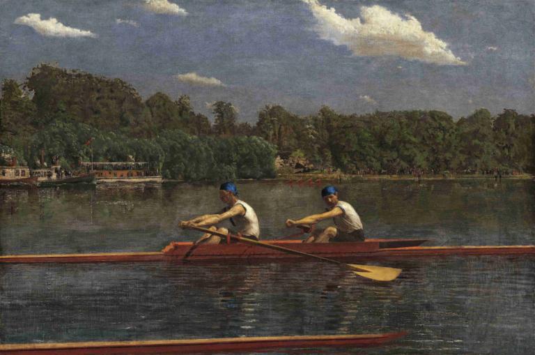 The Biglin Brothers Racing,ビッグリン・ブラザーズ・レーシング,Thomas Eakins,トーマス・イーキンス,油絵,油絵, 複数の男の子, ボート, 男の子2人, 雲, 屋外, 水上バイク