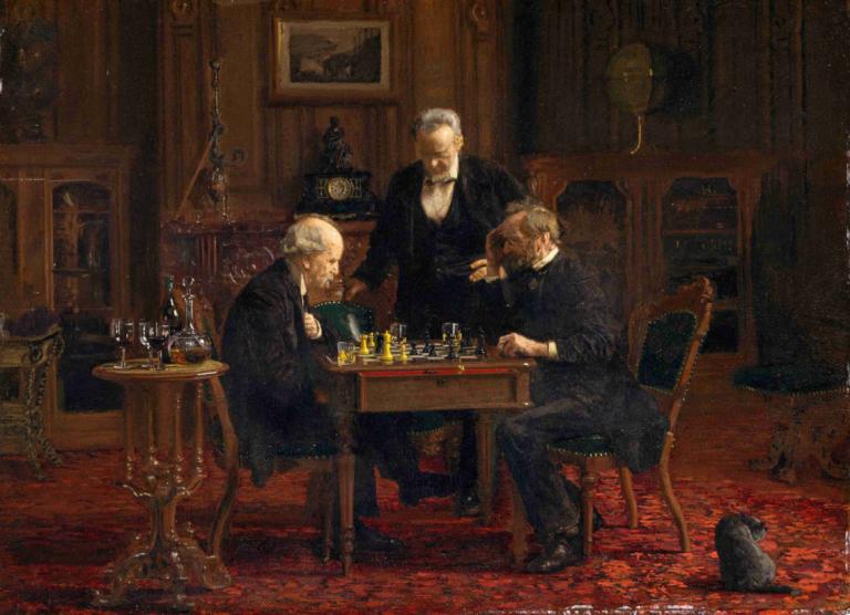 The Chess Players,Sjakkspillerne,Thomas Eakins,Oljemaleri,Oljemaleri, flere gutter, sitter, 3 gutter