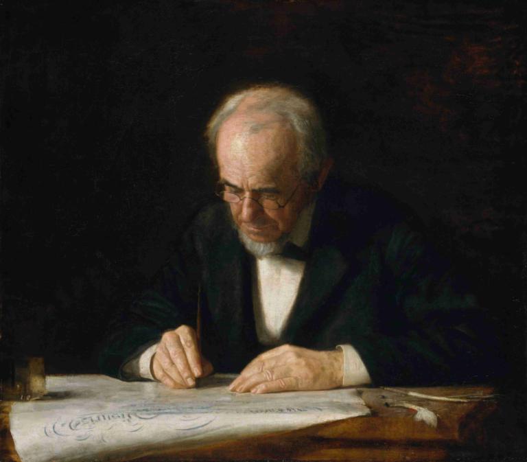 The Writing Master,Thomas Eakins,Oil Painting,Oil Painting, 1boy, male focus, solo, old, glasses, bowtie