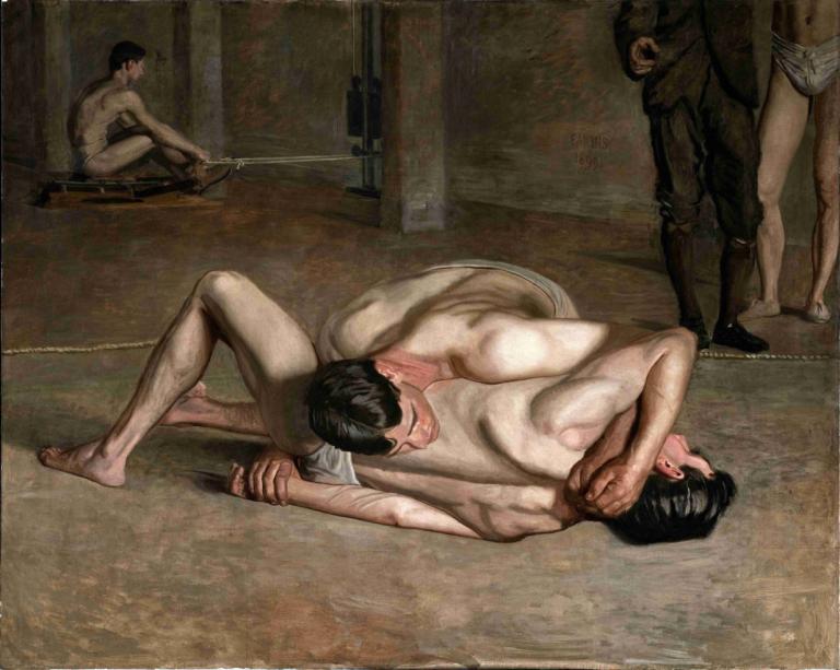 Wrestlers,Thomas Eakins,Oil Painting,Oil Painting, multiple boys, fine art parody, male focus, penis, nude