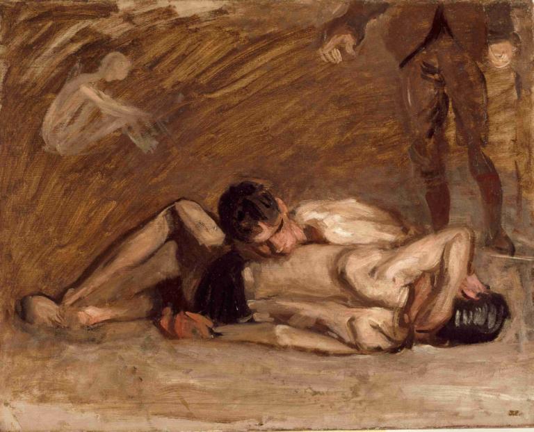 Wrestlers,Thomas Eakins,Oil Painting,Oil Painting, multiple boys, black hair, nude, male focus, lying