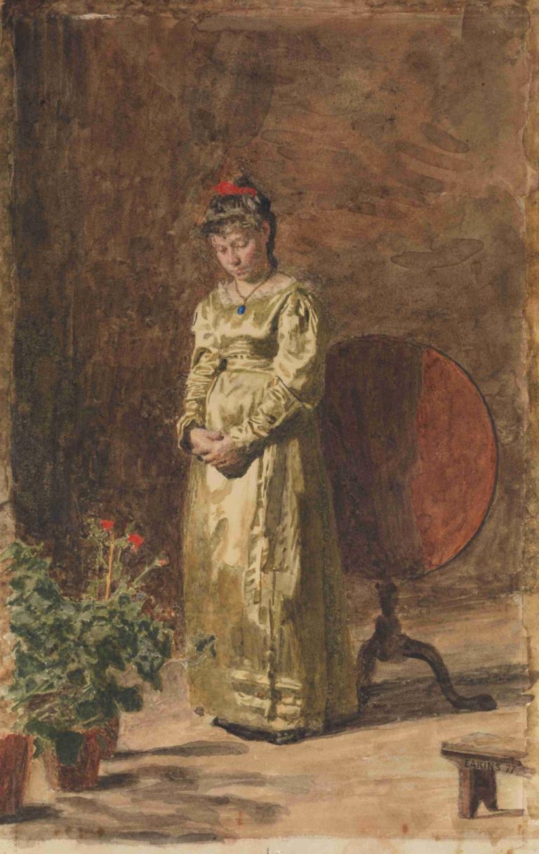 Young Girl Meditating,Thomas Eakins,Oil Painting,Oil Painting, 1girl, solo, jewelry, necklace, dress, plant