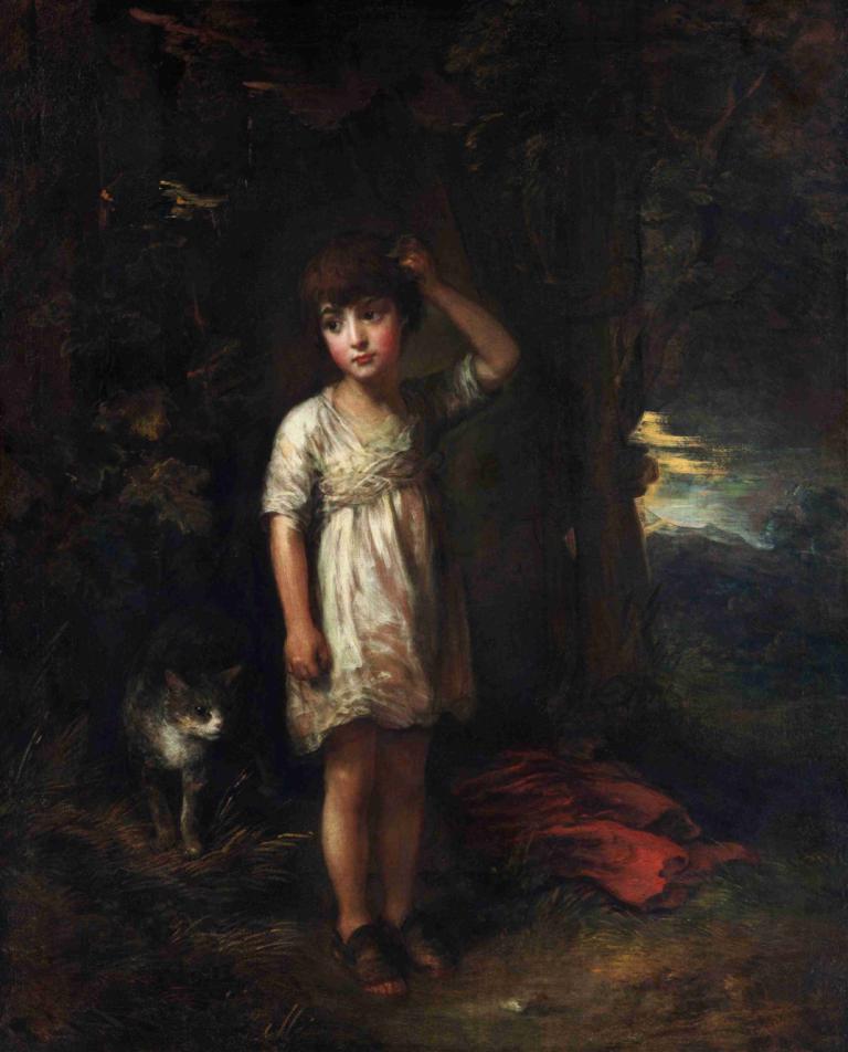 A Boy with a Cat,Morning,Thomas Gainsborough,Oil Painting,Oil Painting, 1girl, brown hair, short hair