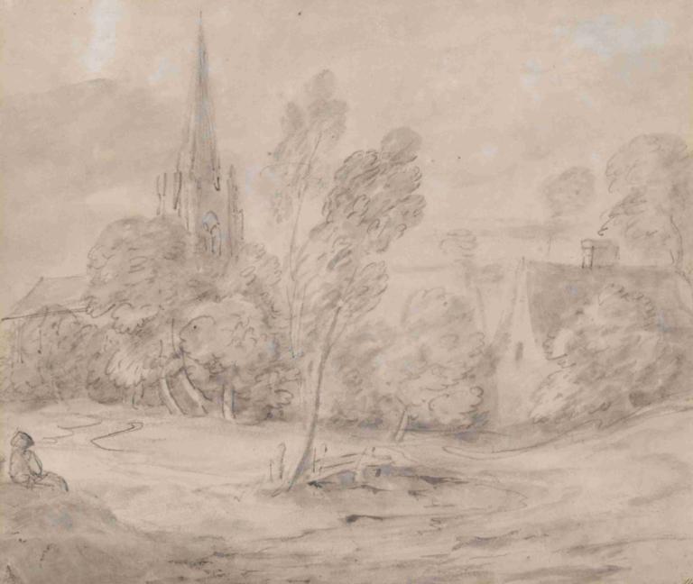 A Church in a Wooded Landscape,Thomas Gainsborough,Copperplate Etching,Copperplate Etching, tree, monochrome