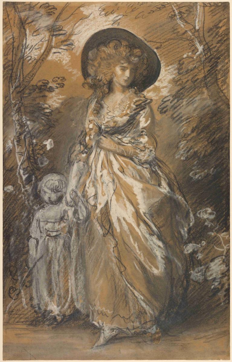 A Lady Walking in a Garden with a Child,一位帶著孩子走在花園裡的女士,Thomas Gainsborough,託馬斯·甘斯伯勒,油畫,油畫, 裙子, 帽子, 多個女孩, 2個女孩