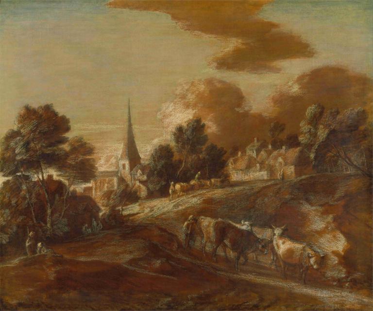 An Imaginary Wooded Village with Drovers and Cattle,Thomas Gainsborough,Oil Painting,Oil Painting, tree