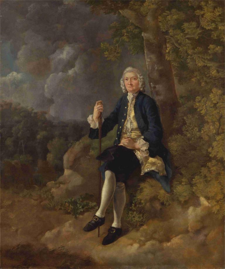 Clayton Jones,Thomas Gainsborough,Oil Painting,Oil Painting, fine art parody, solo, old, tree, cane, sitting