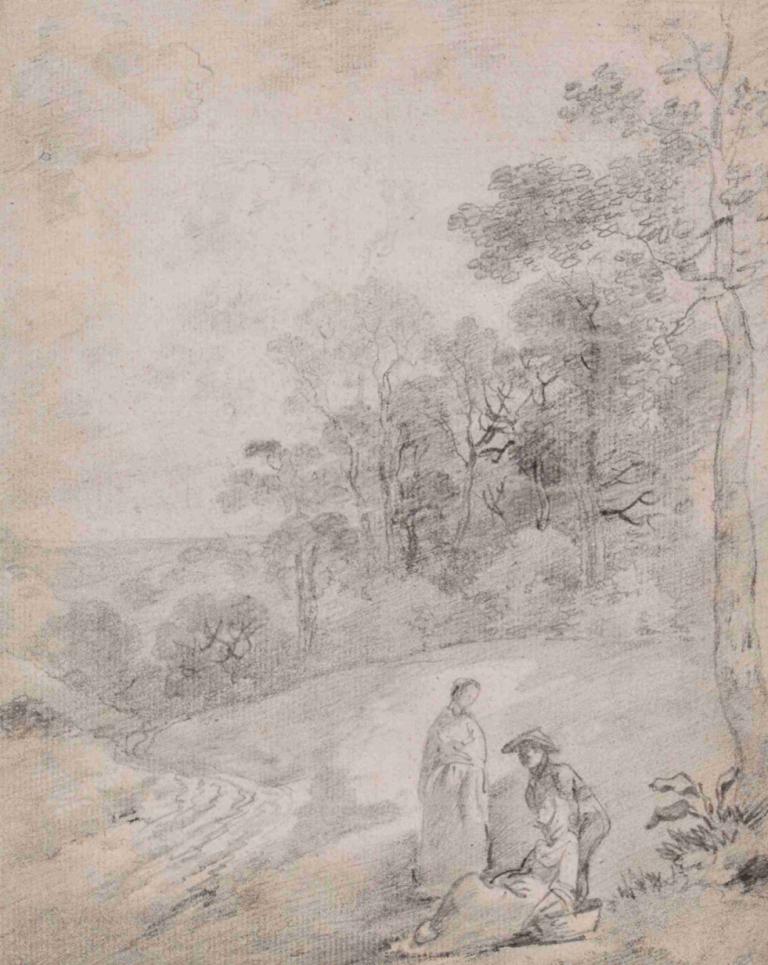 Figures By a Track Through a Wooded Landscape,林间小径旁的数字,Thomas Gainsborough,托马斯-庚斯博罗,铜版画,铜版画, 树, 单色, 帽子, 传统媒体