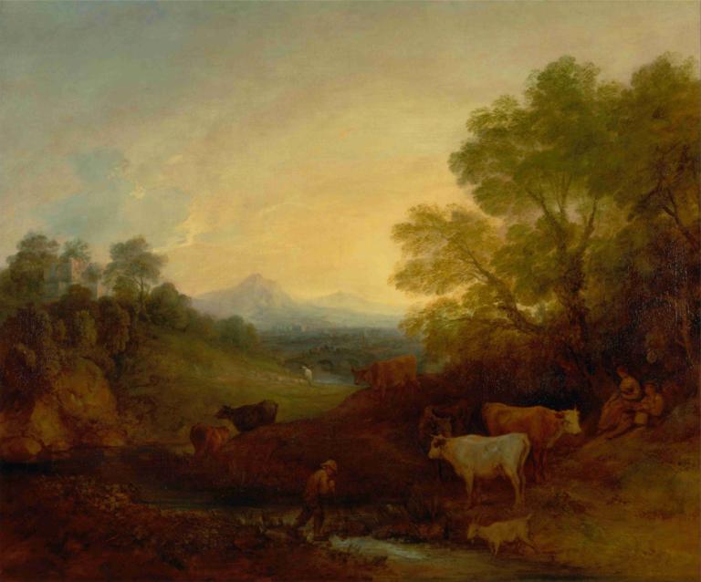 Landscape with Cattle,소가 있는 풍경,Thomas Gainsborough,토마스 게인즈버러,오일 페인팅,오일 페인팅, 나무, 경치, 옥외, 자연, 1남, 숲, 남성 집중, 동물