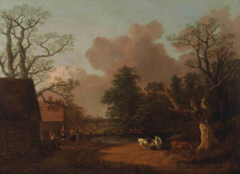 Landscape with Milkmaid,밀크메이드가 있는 풍경,Thomas Gainsborough,토마스 게인즈버러,오일 페인팅,오일 페인팅, 나무, 옥외, 경치, 구름, 하늘, 여러 소년