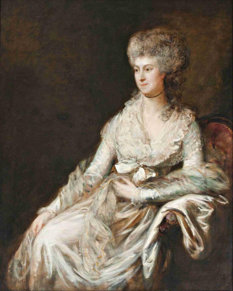 Madame Lebrun,Thomas Gainsborough,Ölgemälde,Ölgemälde, 1Mädchen, Solo, Kleid, Sitzung, Kunstparodie, Stuhl