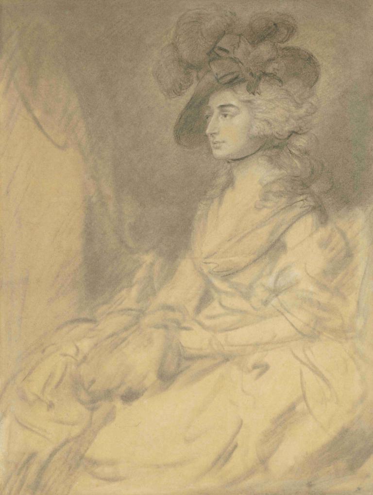 Mrs. Sarah Siddons,사라 시돈스 부인,Thomas Gainsborough,토마스 게인즈버러,동판 에칭,동판 에칭, 여자 1명, 독주, 단색화, 모자, 드레스, 꽃, 세피아, 스케치