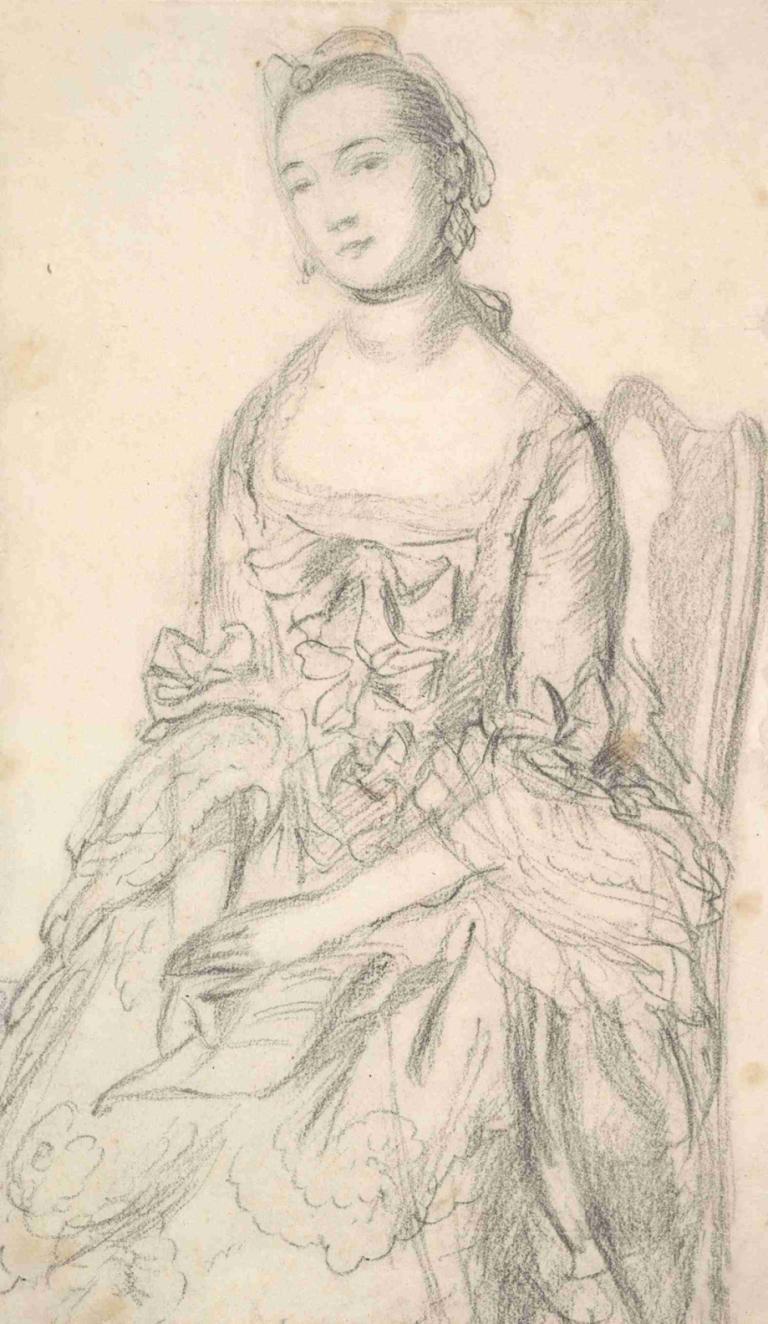 Portrait of a Young Woman Seated,앉아있는 젊은 여성의 초상화,Thomas Gainsborough,토마스 게인즈버러,스케치,스케치, 여자 1명, 독주, 드레스, 스케치