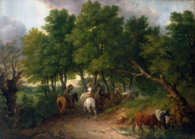 Road from Market,시장에서 출발하는 길,Thomas Gainsborough,토마스 게인즈버러,오일 페인팅,오일 페인팅, 나무, 말, 승마, 자연, 옥외, 경치, 승마, 숲, 구름