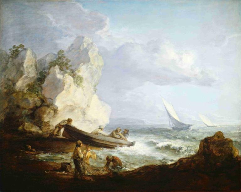 Seashore with Fishermen,어부와 함께하는 해변,Thomas Gainsborough,토마스 게인즈버러,오일 페인팅,오일 페인팅, 여러 소년, 선박, 옥외, 구름, 하늘, 대양, 낮