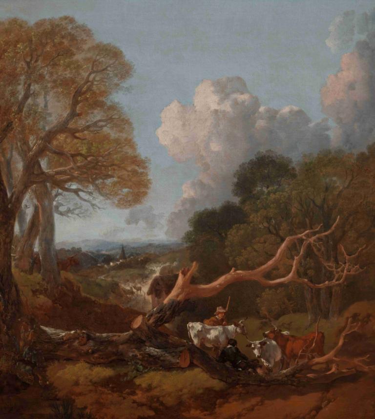 The Fallen Tree,쓰러진 나무,Thomas Gainsborough,토마스 게인즈버러,오일 페인팅,오일 페인팅, 나무, 옥외, 구름, 하늘, 경치, 좌석, 동물 귀, 낮, 자연