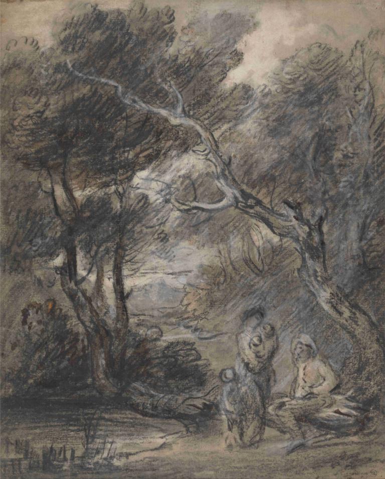 Wooded Landscape with Figures,피규어가 있는 숲이 우거진 풍경,Thomas Gainsborough,토마스 게인즈버러,동판 에칭,동판 에칭, 나무, 자연, 전통 미디어, 숲