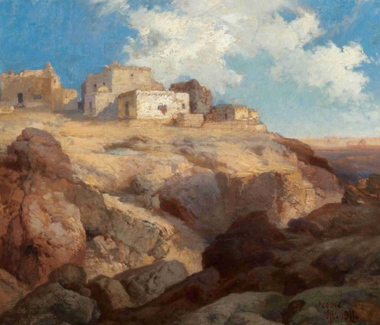 A Bit of Acoma, New Mexico,新墨西哥州阿科马的点点滴滴,Thomas Moran,托马斯-莫兰,油画,油画, 户外, 天空, 风景, 云, 天, 岩石, 没有人类, 蓝天, 传统媒体, 废墟