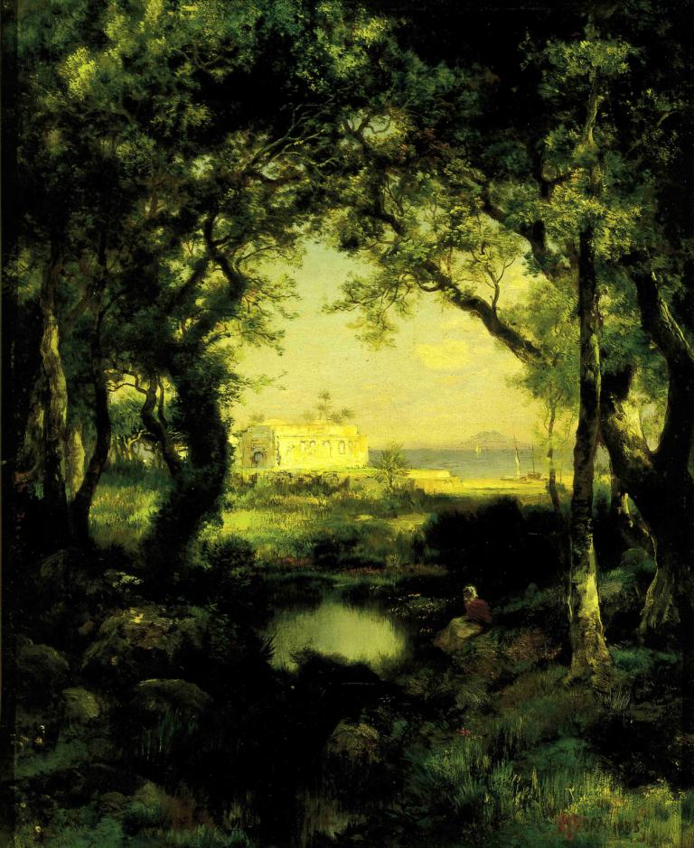 A Mexican Hacienda, Lake Cuitzeo,Thomas Moran,Oil Painting,Oil Painting, scenery, tree, nature, outdoors