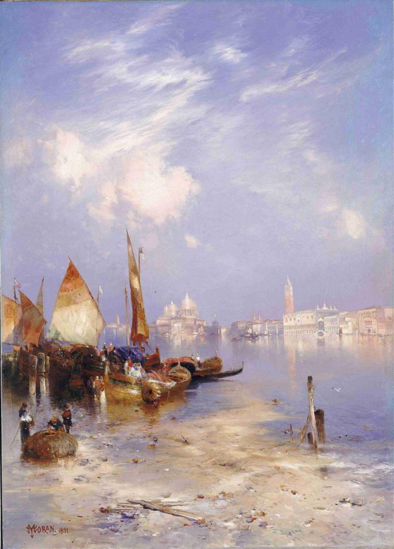 A View of Venice,Thomas Moran,Oil Painting,Oil Painting, sky, outdoors, scenery, day, cloud