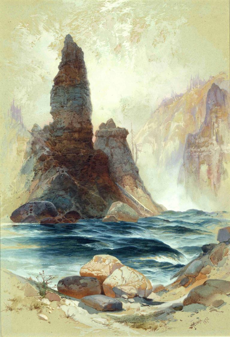 Above Tower Falls, Yellowstone,Thomas Moran,Oil Painting,Oil Painting, no humans, rock, water, scenery