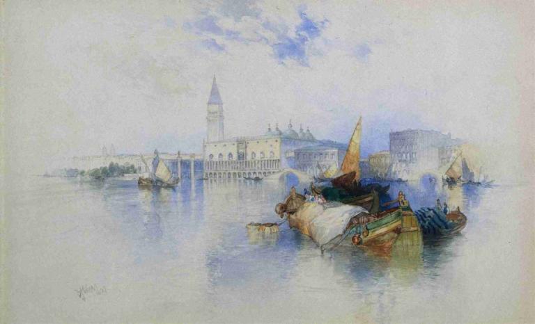 Basin of San Marco,Thomas Moran,Oil Painting,Oil Painting, traditional media, water, castle, sky, cloud