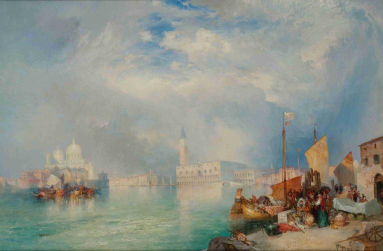 Entrance To The Grand Canal, Venice,Thomas Moran,Oil Painting,Oil Painting, watercraft, boat, scenery