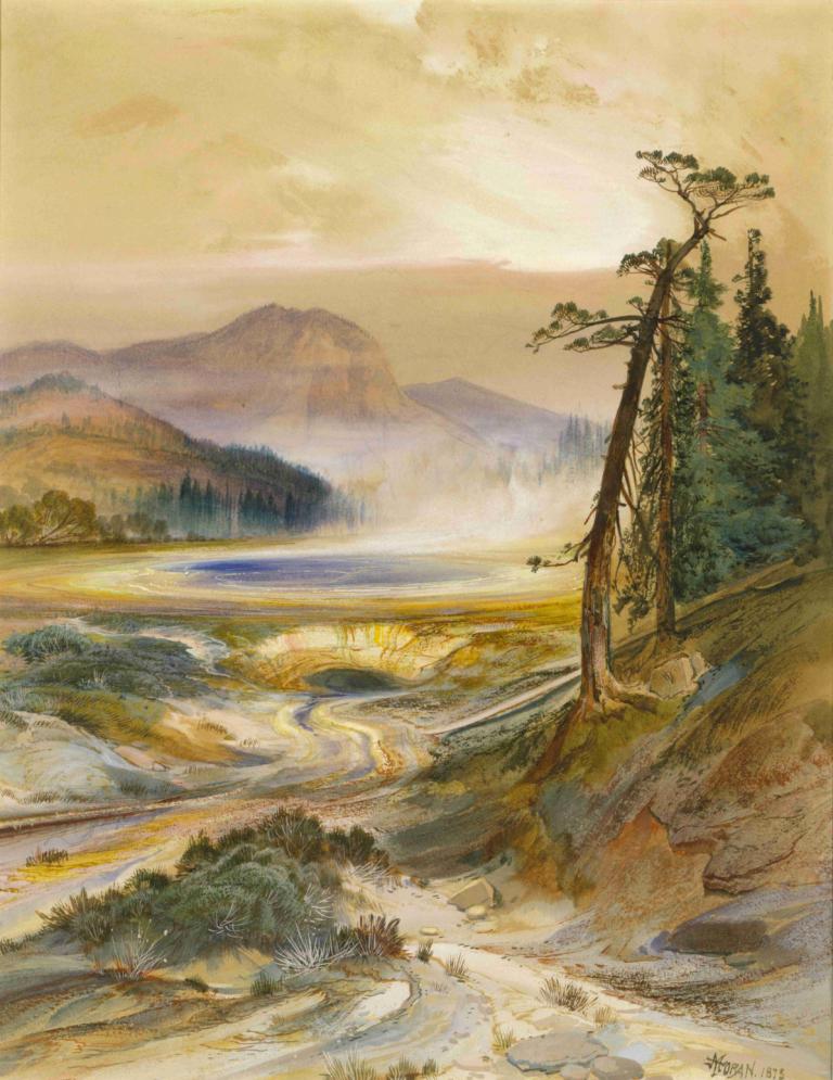 Excelsior Geyser, Yellowstone Park,Thomas Moran,Oil Painting,Oil Painting, no humans, scenery, outdoors, tree