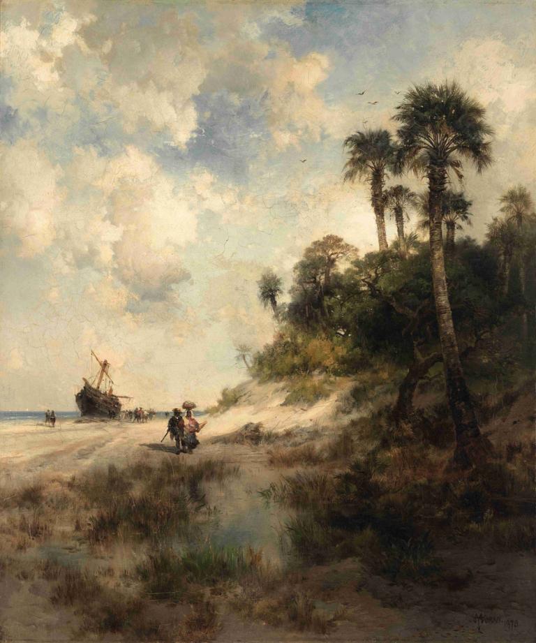 Fort George Island, Florida,Thomas Moran,Tomáš Moran,Olejomalba,Olejomalba, strom, venku, mrak, nebe