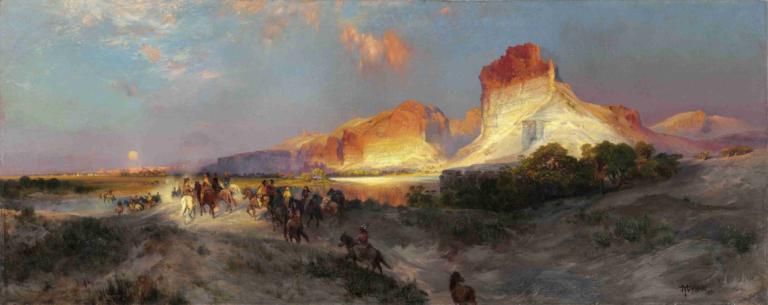 Green River Cliffs,Thomas Moran,Oil Painting,Oil Painting, horse, scenery, outdoors, sky, horseback riding