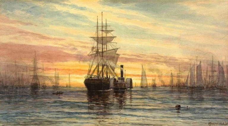 Harbor Scene,Přístavní scéna,Thomas Moran,Tomáš Moran,Olejomalba,Olejomalba, plavidlo, loď, scenérie