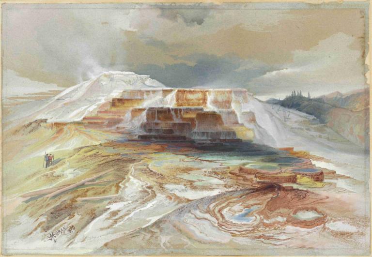 Hot Springs of Gardiner's River, Yellowstone,イエローストーン、ガーディナーズ・リバーの温泉,Thomas Moran,トーマス・モラン,油絵,油絵, 屋外, 景色, 国境