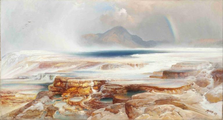 Hot Springs of the Yellowstone,옐로스톤의 온천,Thomas Moran,토마스 모란,오일 페인팅,오일 페인팅, 인간은 없어, 경치, 옥외, 산, 하늘, 전통 미디어, 구름