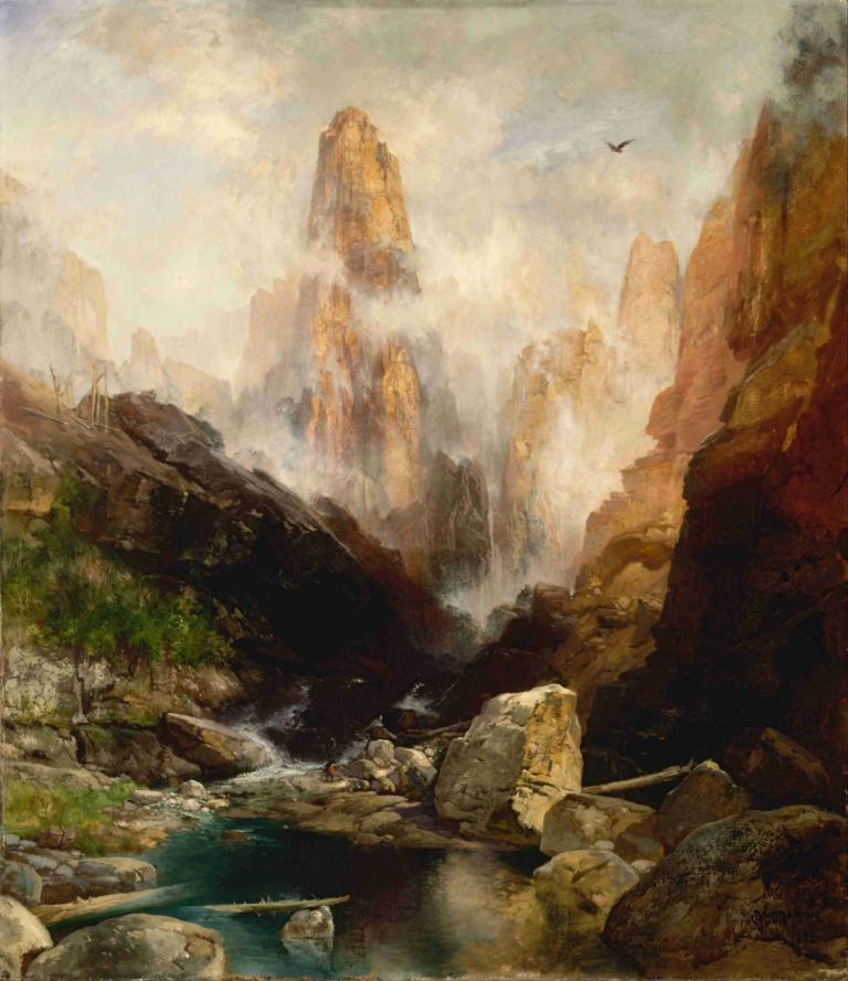 Mist in Kanab Canyon, Utah,Thomas Moran,Oil Painting,Oil Painting, scenery, outdoors, mountain, cloud