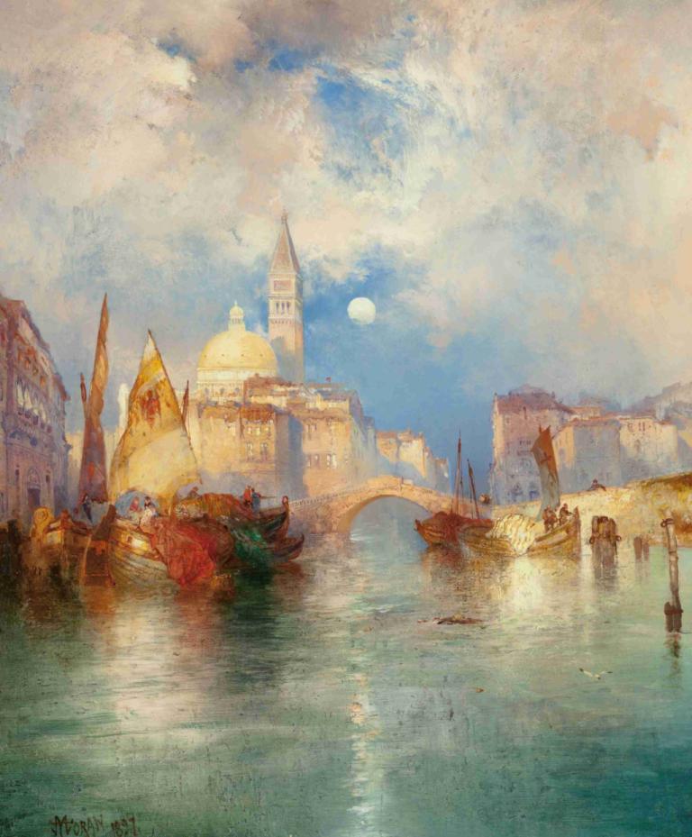 Moonrise, Chioggia, Venice,문라이즈, 치오지아, 베니스,Thomas Moran,토마스 모란,오일 페인팅,오일 페인팅, 선박, 보트, 구름, 경치, 하늘, 물, 옥외, 달, 낮