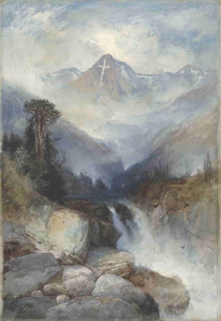 Mountain of the Holy Cross,성 십자가의 산,Thomas Moran,토마스 모란,오일 페인팅,오일 페인팅, 인간은 없어, 경치, 산, 나무, 옥외, 하늘, 구름, 자연, 바위