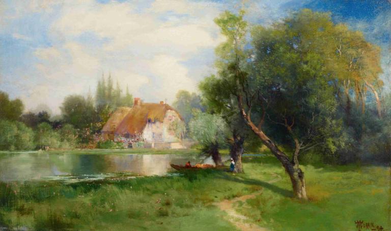 Near East Hampton, Long Island,Thomas Moran,Oil Painting,Oil Painting, tree, outdoors, scenery, sky, cloud