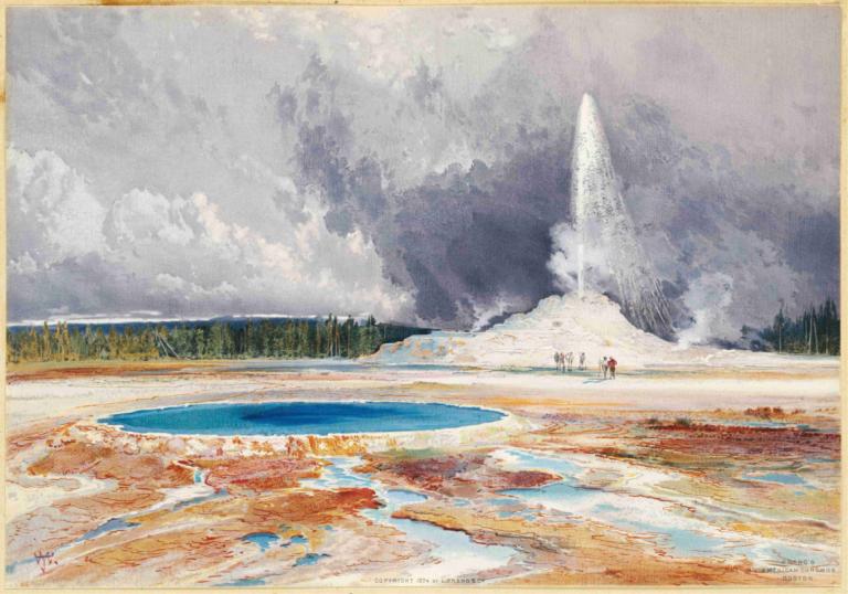 Old Castle Geyser,Thomas Moran,Oil Painting,Oil Painting, outdoors, scenery, cloud, traditional media, tree