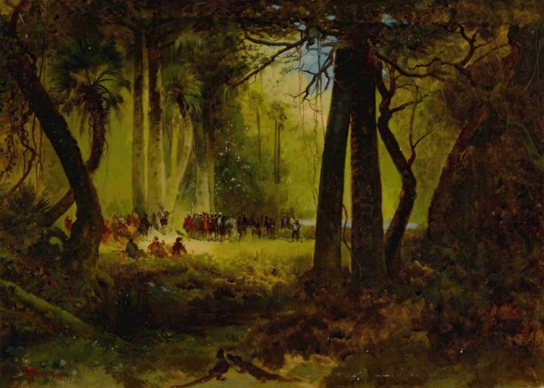 Reception of Dominique de Gourgues by the Indians,Thomas Moran,Oil Painting,Oil Painting, nature, tree