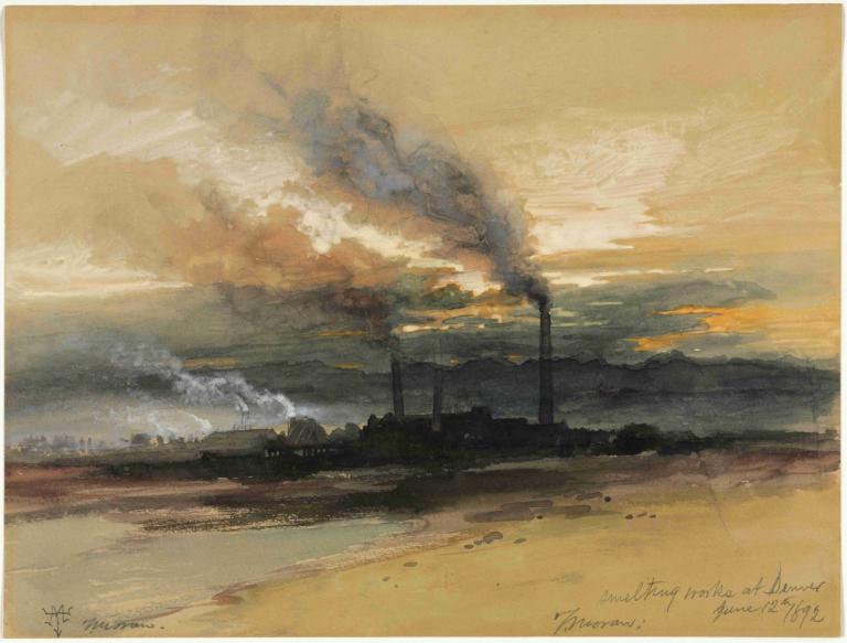 Smelting Works at Denver,Thomas Moran,Oil Painting,Oil Painting, no humans, outdoors, scenery, smoke, cloud