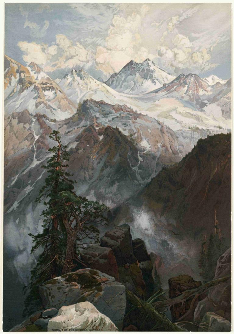 Summit of the Sierras, Nevada,内华达州锡耶拉斯山顶,Thomas Moran,托马斯-莫兰,油画,油画, 山, 风景, 户外, 树, 云, 天空, 没有人类, 松树, 天, 雪, 自然