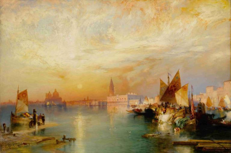 Sunset Santa Maria and the Ducal Palace, Venice,ตะวันตกดินเวนิส เซนต์มาเรียและพระราชวังดูคาล,Thomas Moran