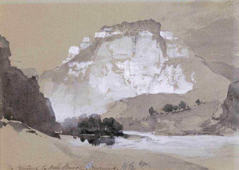 The Cañon Of The Belle Fourche, Wyoming,怀俄明州贝勒福奇峡谷,Thomas Moran,托马斯-莫兰,油画,油画, 风景, 没有人类, 户外, 树, 水, 草, 岩石, 山